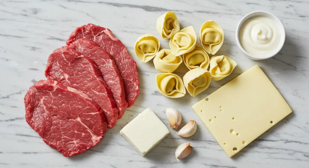 Display all key ingredients, including steak, tortellini, cheese, and aromatics, neatly arranged on a wooden counter or a clean kitchen workspace.