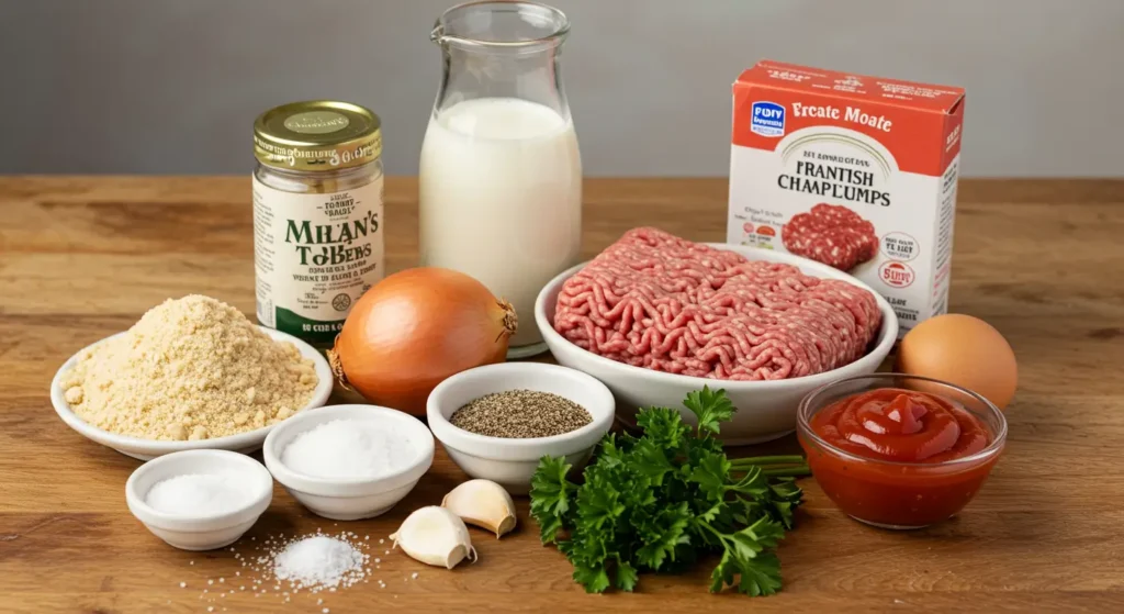 A variety of fresh ingredients for Ryan's Meatloaf Recipe, including ground beef, breadcrumbs, milk, egg, and spices, arranged on a wooden table.