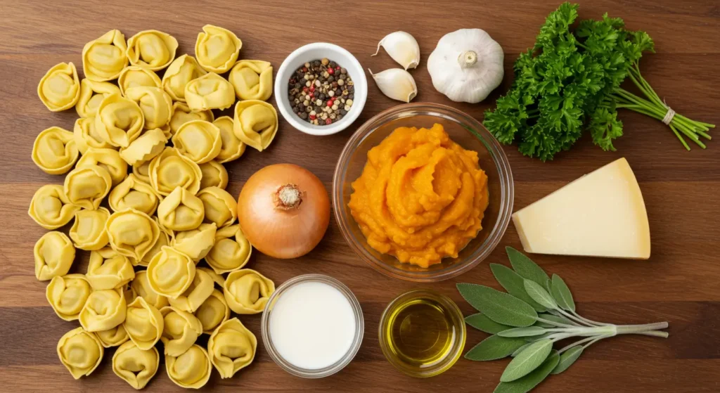 A flat lay of tortellini pumpkin pasta ingredients including pumpkin puree, tortellini, Parmesan, and fresh herbs