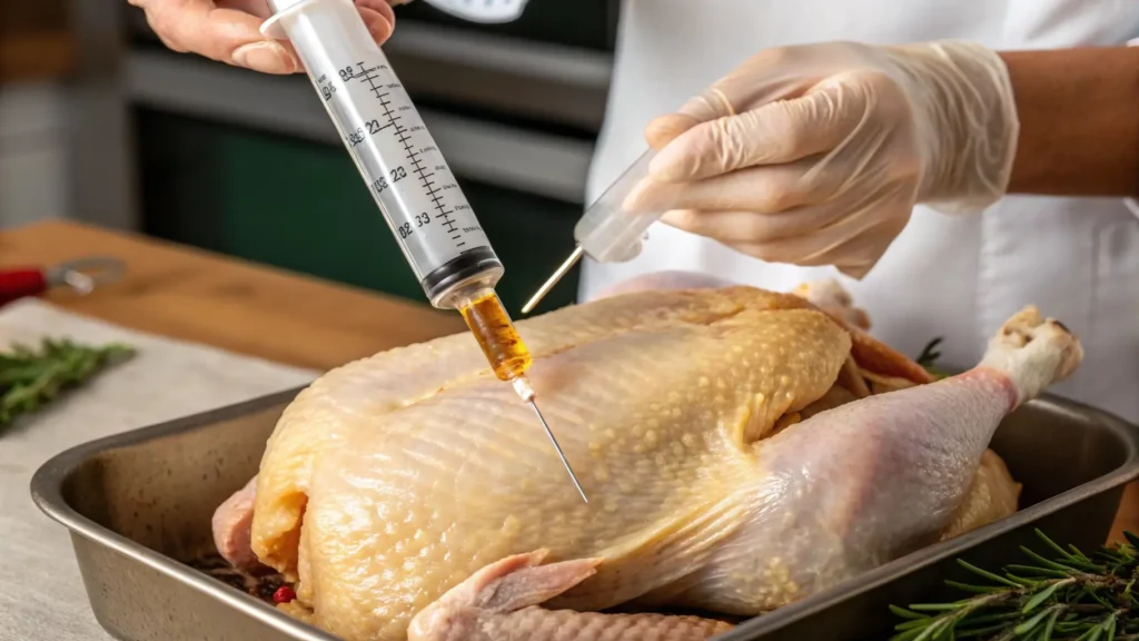 Close-up of someone injecting a turkey with a flavorful marinade using a syringe for juiciness.