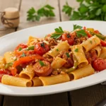 A plate of Italian drunken noodles topped with fresh parsley and cheese