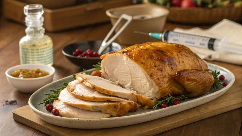 Golden-brown roasted turkey, sliced to show juicy meat, with turkey injection ingredients in the background.