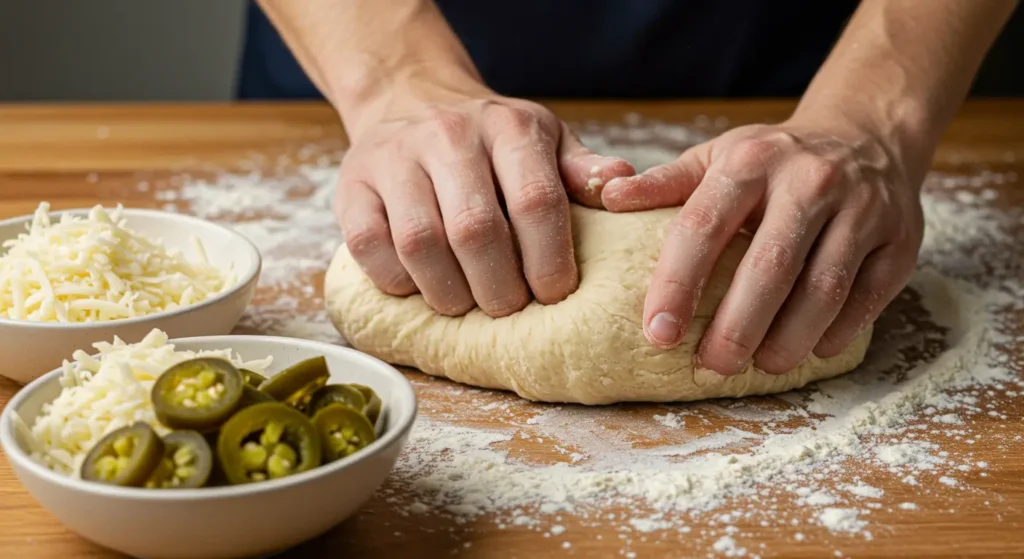 Hands kneading dough on a floured surface with fresh jalapenos and vegan cheese nearby, showing the preparation process for artisan bread