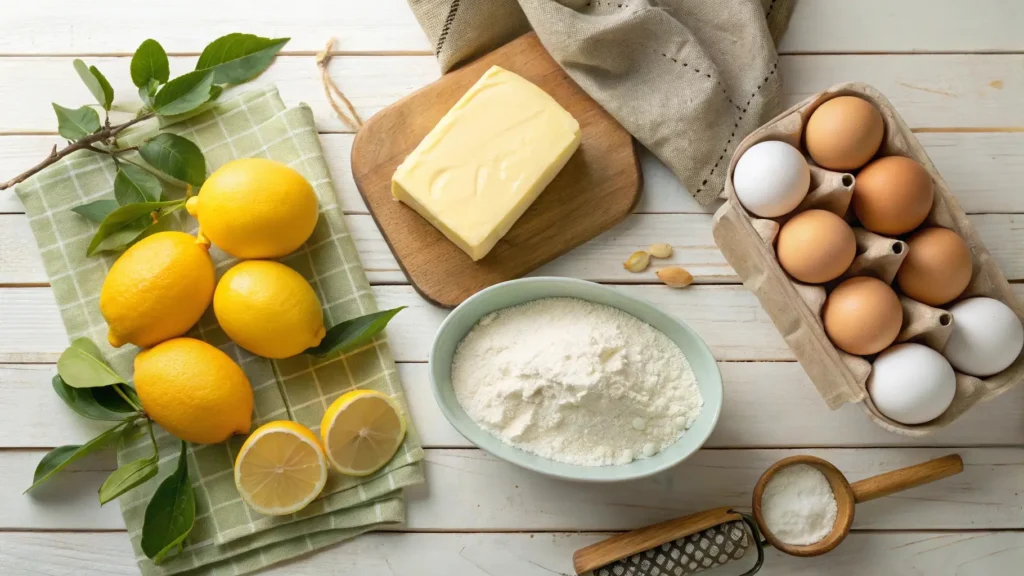 Fresh ingredients for lemon cakes, including lemons, flour, sugar, eggs, and butter, arranged on a rustic wooden countertop.