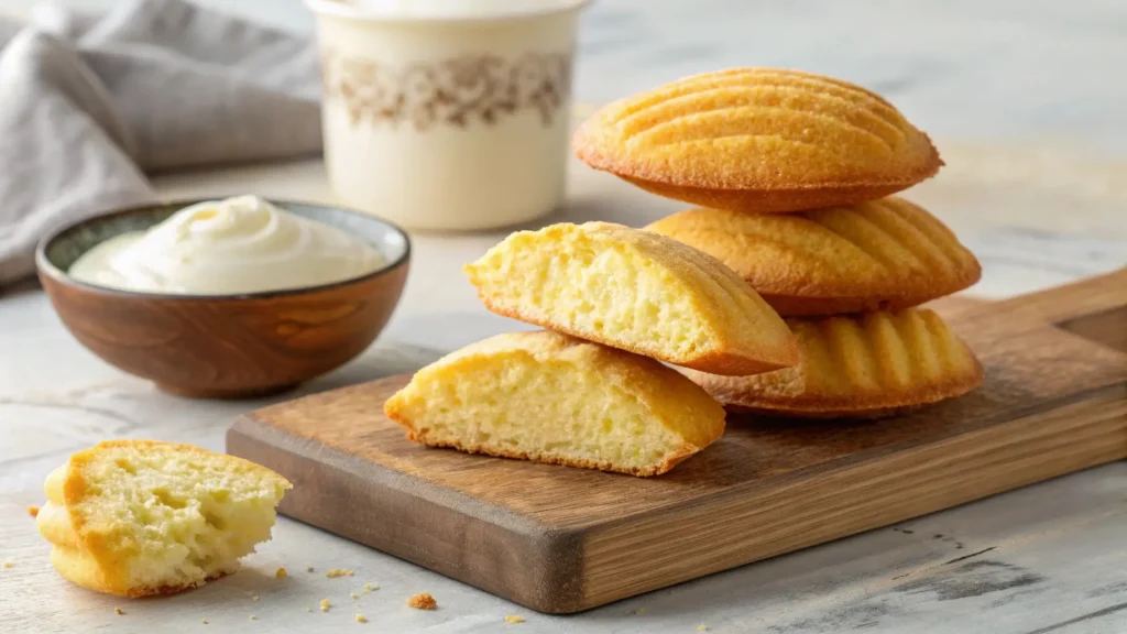 Golden madeleines with a soft, fluffy interior, showcasing the perfect airy texture of Madeleine Recipe with Cream Cake served with cream on a wooden board.