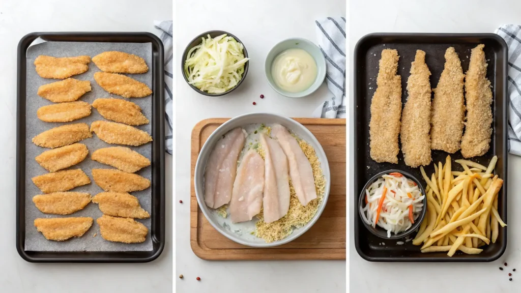 Step-by-step process of breading, frying, and serving homemade chicken tenders.