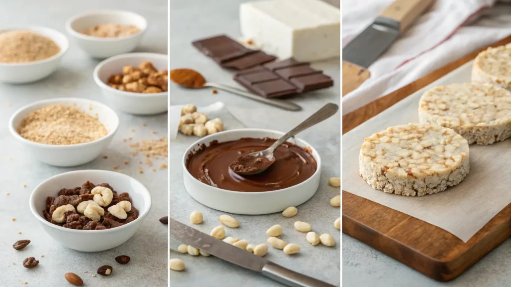 Step-by-step guide for making chocolate rice cakes, showing rice cakes, melted chocolate, and toppings.