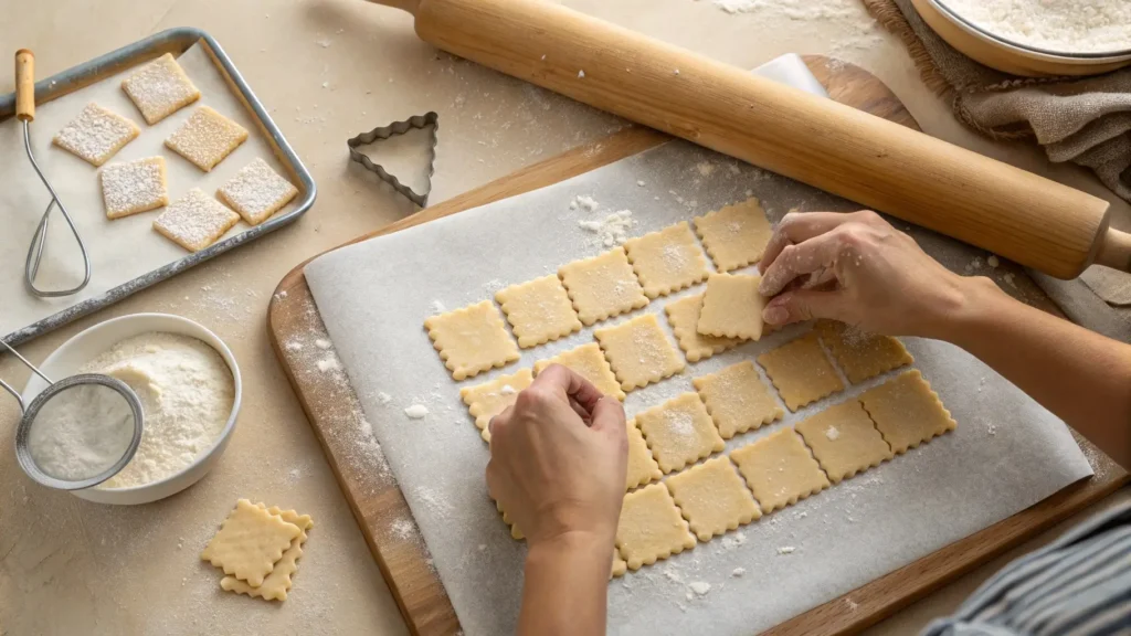 A person rolling dough for homemade coconut butter crispy crackers, showing the process of creating these delicious snacks from scratch.