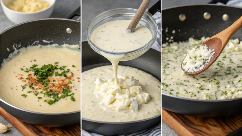 Making creamy cottage cheese sauce, showing the process from blending to simmering, perfect for chicken dishes.