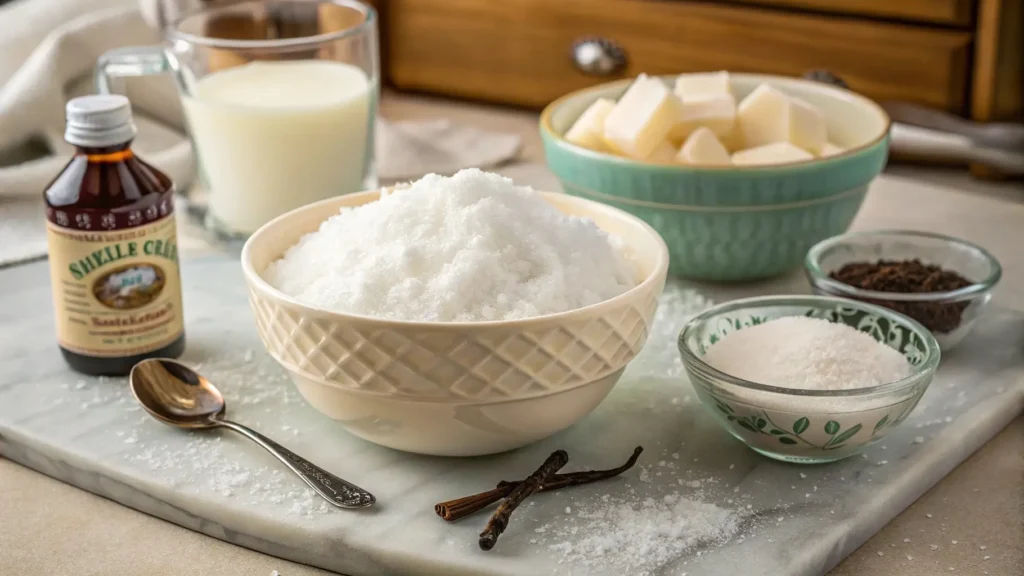 Fresh snow, milk, sugar, and vanilla extract ready for making snow ice cream. A fun and easy dessert recipe for snowy days.