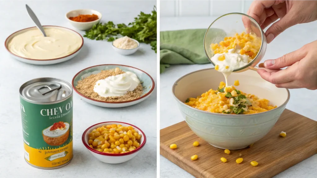 A step-by-step process of making street corn dip with canned corn, Tajin, sour cream, and grated cheese.