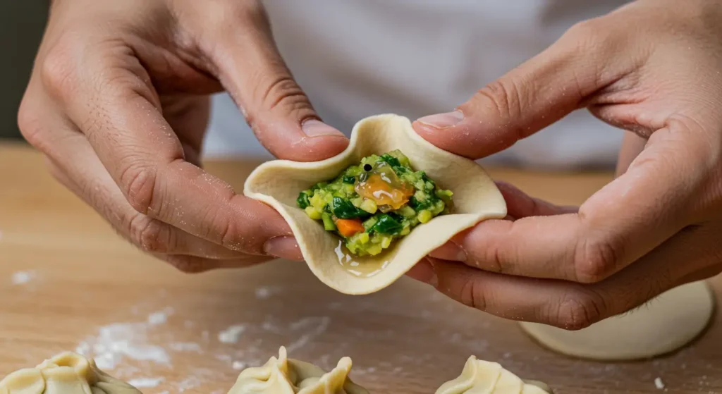 Hands preparing vegan soup dumplings by wrapping dough around plant-based filling and broth, demonstrating the process step-by-step