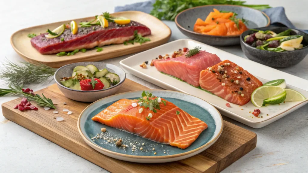 A variety of marinated salmon dishes on plates, showcasing different recipes to inspire your next meal.