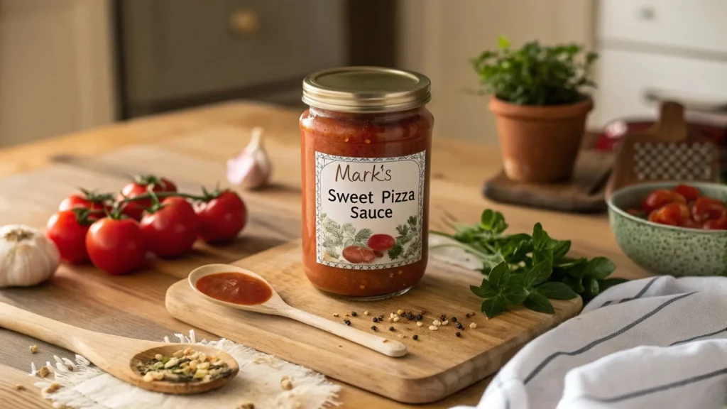 Mark's homemade sweet pizza sauce in a jar with fresh ingredients, perfect for any pizza lover.