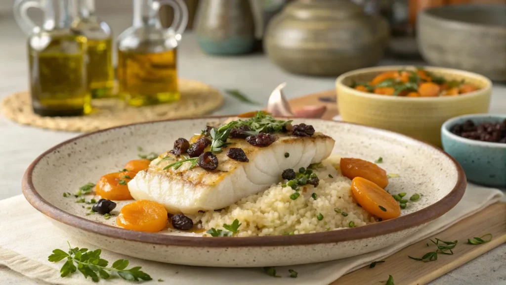 Mediterranean-style cod with raisins, couscous, and dried apricots, emphasizing the balance of sweet and savory flavors in fish dishes.