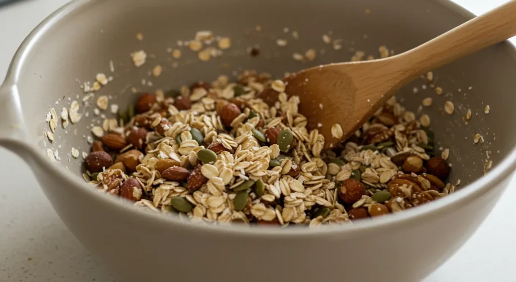 A large mixing bowl with oats, nuts, and seeds being stirred with a wooden spoon