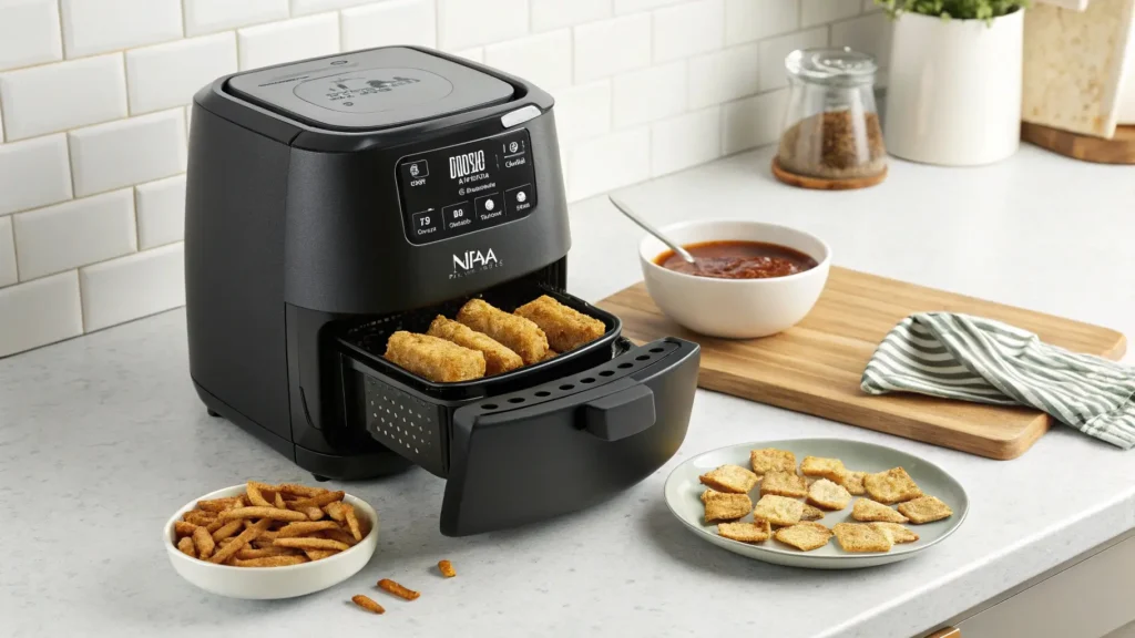 Ninja Crispi air fryer cooking crispy snacks, with a dipping bowl on the side.