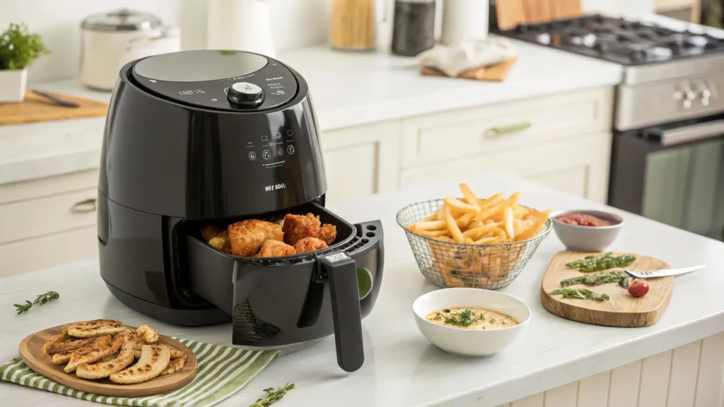  Ninja Crispi air fryer with crispy snacks and dip on the countertop.