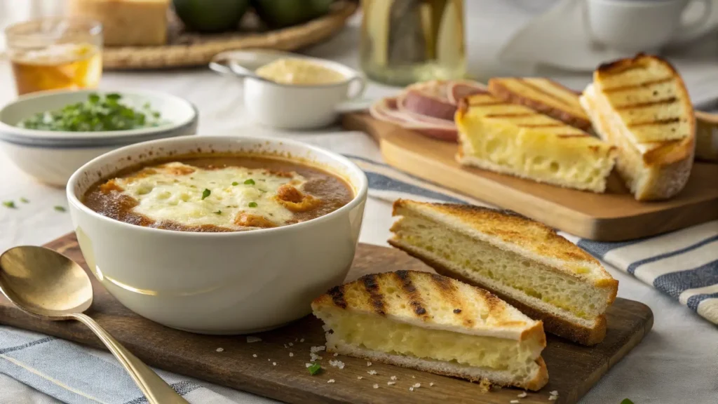 Delicious onion soup served with crispy grilled cheese sandwiches, the perfect comfort food combination.