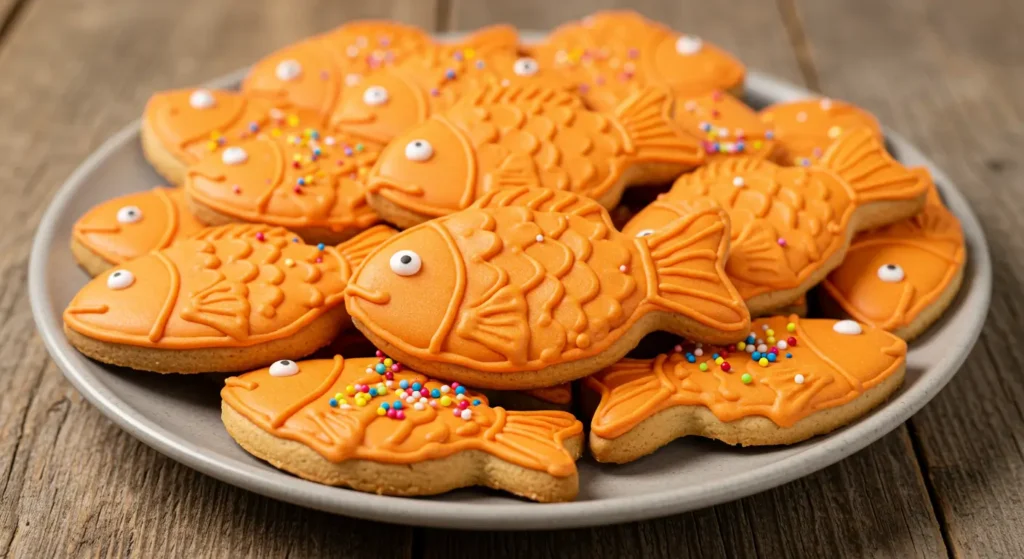 Delicious orange fish cookies with royal icing and sprinkles, perfect for themed parties and baking with kids.