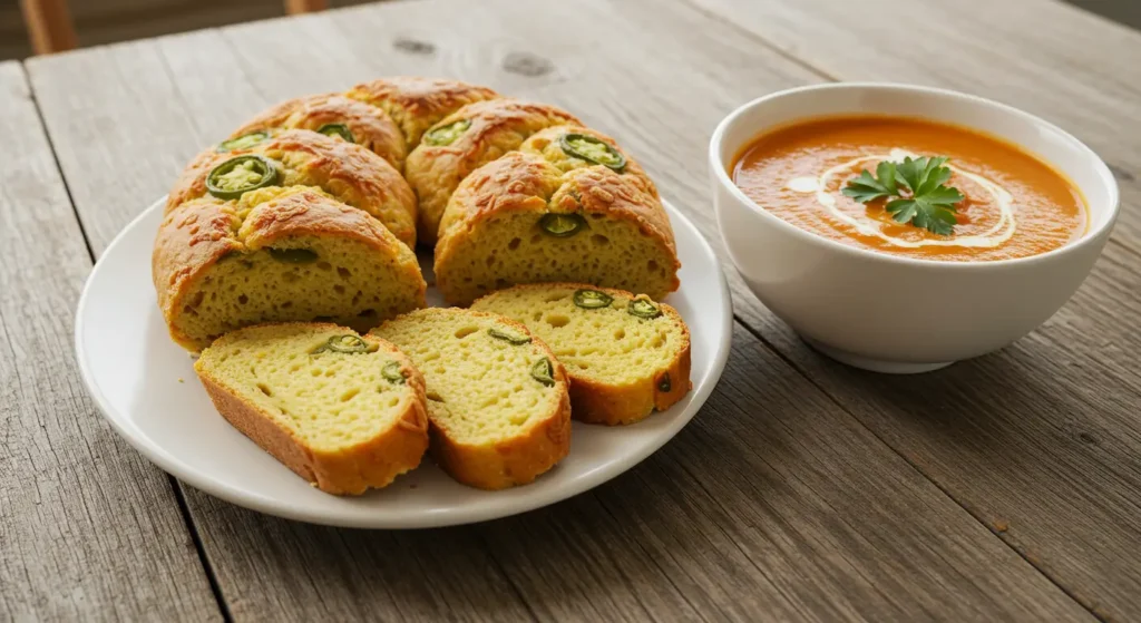 Slices of vegan jalapeno cheese bread served with creamy tomato soup, highlighting perfect pairings for plant-based bread recipes