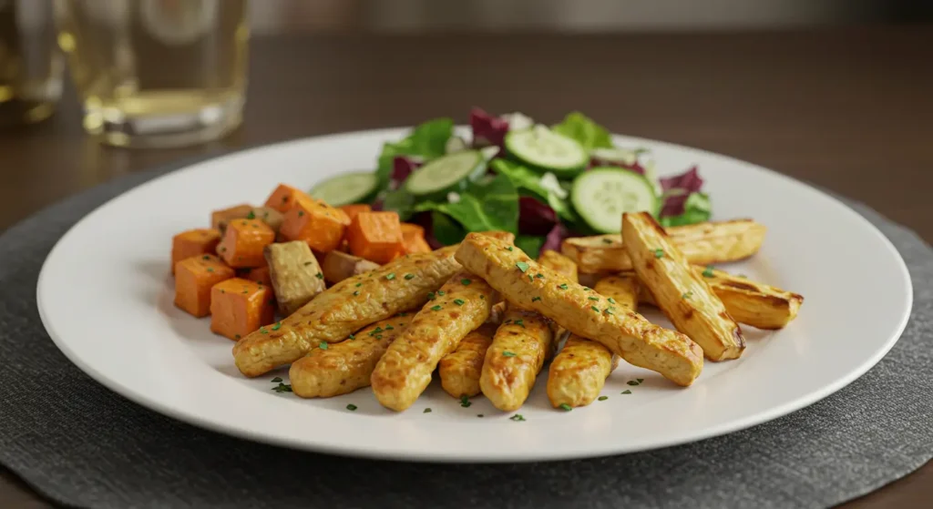 Turkey fries served with roasted vegetables and a fresh salad on a dinner plate.