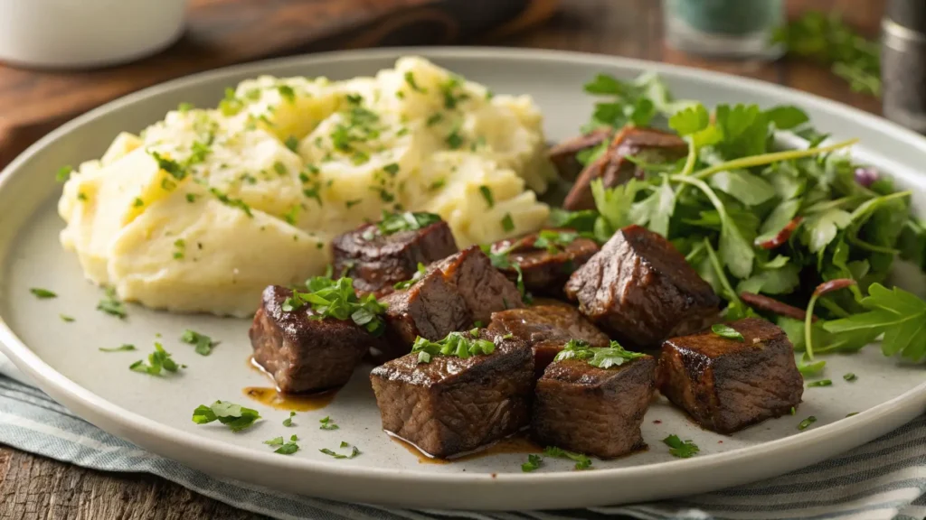  Garlic butter steak bites served with mashed potatoes and a fresh salad, perfect for pairing.