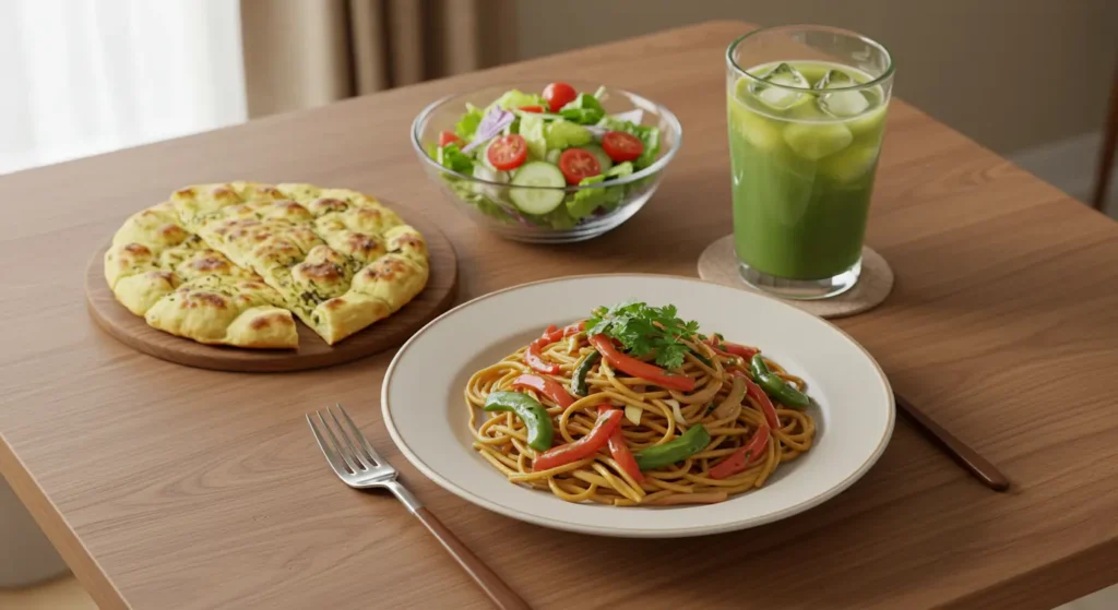 Italian drunken noodles paired with flatbread, salad, and iced tea