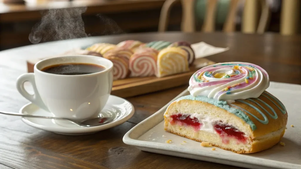 A slice of pastry served alongside a cup of coffee, perfect for a dessert break.