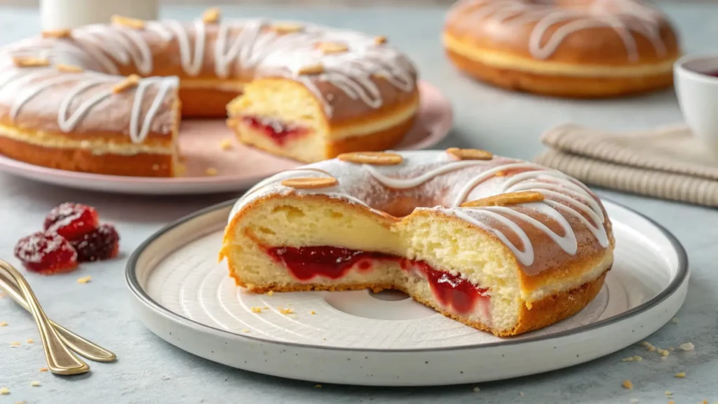 A freshly made pastry with frosting and jelly filling, elegantly served on a platter for a perfect dessert.