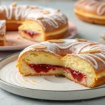 A beautifully presented pastry with frosting and jelly filling in ring shape.