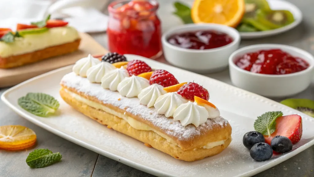 A beautifully presented pastry with  garnished with fresh fruit for a vibrant, tasty look.