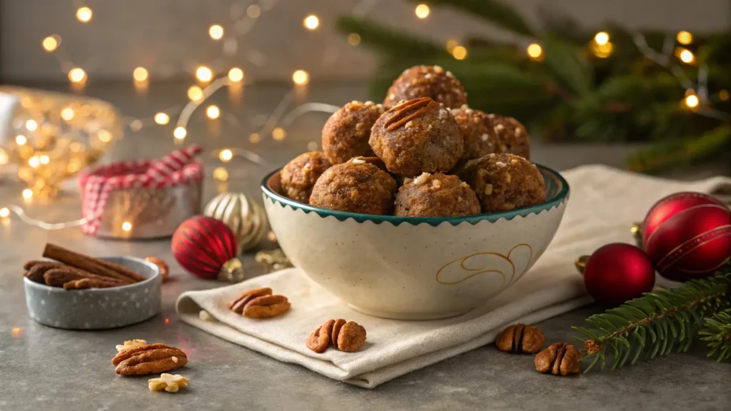 A bowl of pecan pie balls, arranged as a delicious, bite-sized treat for holiday gatherings, featuring toasted pecans and a sweet coating.