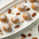 Delicious homemade pecan pie balls on a plate, garnished with chopped pecans and powdered sugar, perfect for holidays or special occasions.