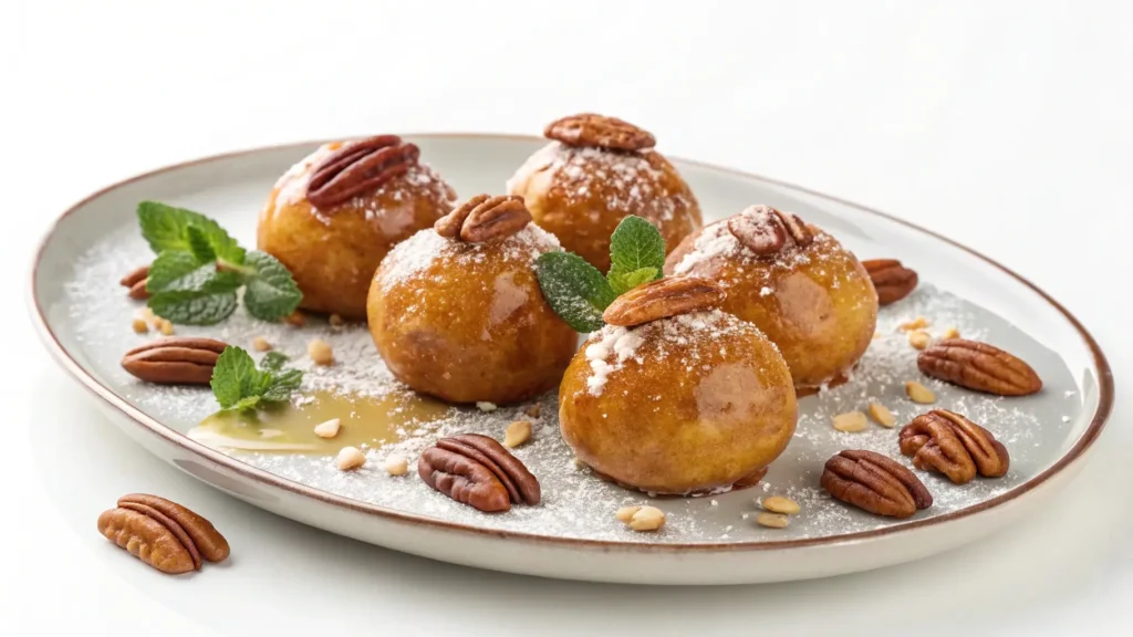 Delicious homemade pecan pie balls, coated with pecans and powdered sugar, perfect for serving at parties or gatherings.