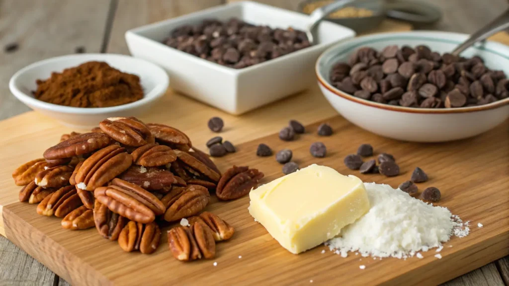 Ingredients for pecan pie bark, including pecans, chocolate chips, butter, and sugar, arranged on a wooden counter.