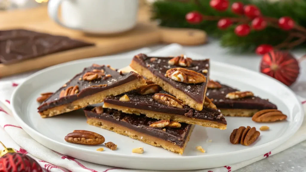 A plated piece of pecan pie bark with chocolate and pecans, perfect for gifting during the holidays.