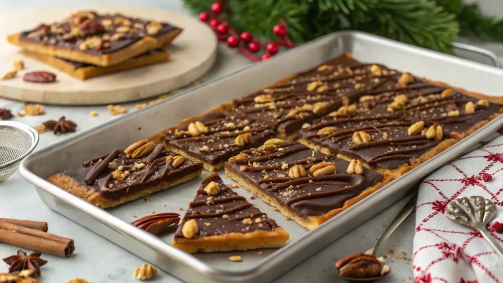 Freshly made pecan pie bark with chocolate and chopped pecans on a festive table.