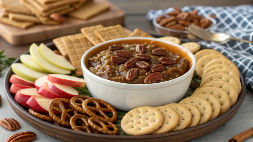  An inviting serving platter with a bowl of pecan pie dip and a variety of dippers including graham crackers, apple slices, and pretzels.