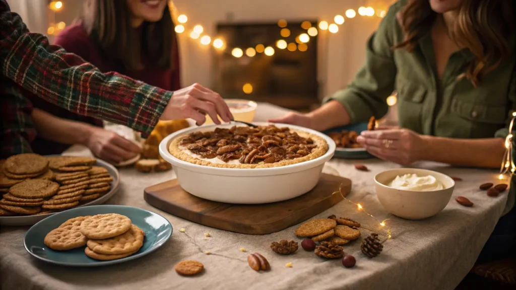 A group of people enjoying pecan pie dip at a festive gathering, with dippers and smiles all around.