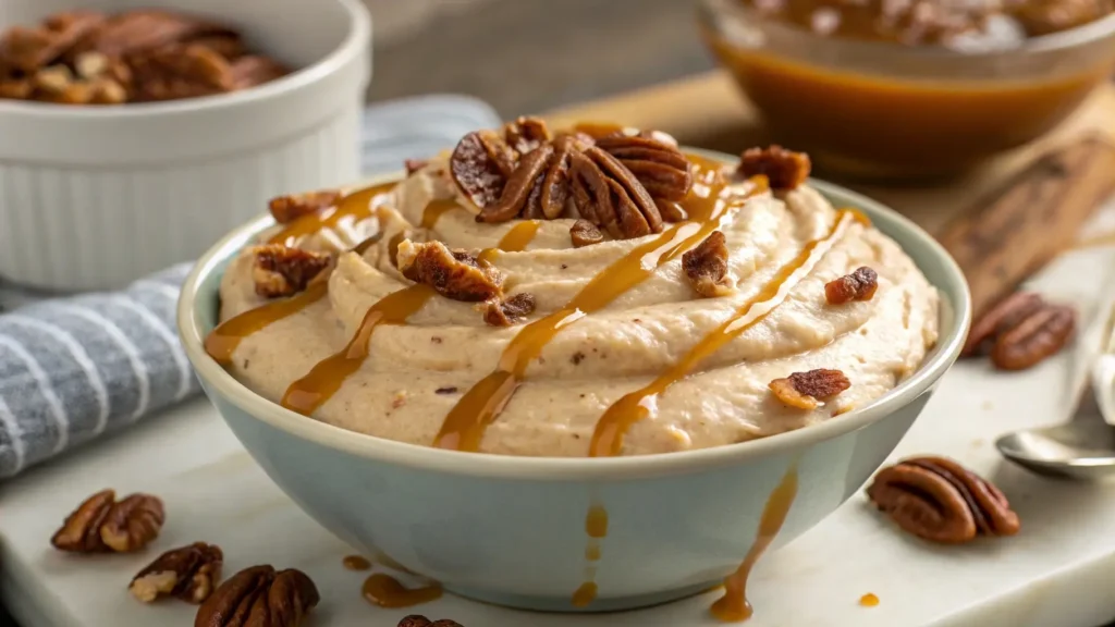 A bowl of creamy pecan pie dip topped with toasted pecans and a rich caramel drizzle, showcasing a delicious dessert treat.