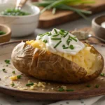 Enjoy a crispy, fluffy baked potato without foil, topped with sour cream and chives for a delicious and healthy side dish.