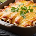 Freshly baked enchiladas with golden cheese and bubbling sauce