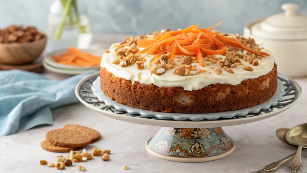 A perfectly baked carrot cake with cream cheese frosting, topped with grated carrots and nuts, sitting on a cake stand.