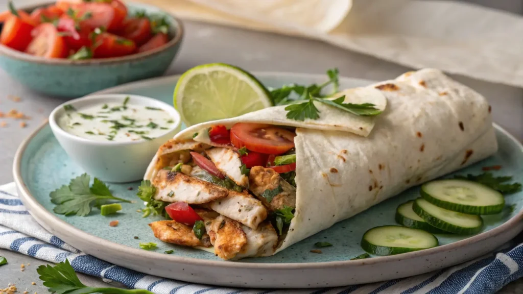 Perfectly made chicken shawarma wrap with fresh toppings and a side of sauce, showcasing the deliciousness of this Middle Eastern dish.