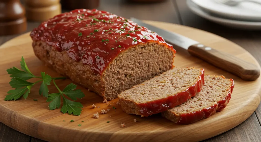 A freshly baked Ryan’s Meatloaf with a shiny glaze, sliced to show its moist interior, garnished with parsley on a rustic wooden cutting board.