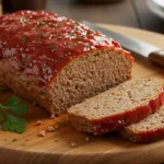 A freshly baked Ryan’s Meatloaf with a shiny glaze, sliced to show its moist interior, garnished with parsley on a rustic wooden cutting board.