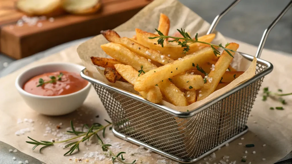 Golden, crispy fries in a basket, garnished with salt and herbs, served with dipping sauce.