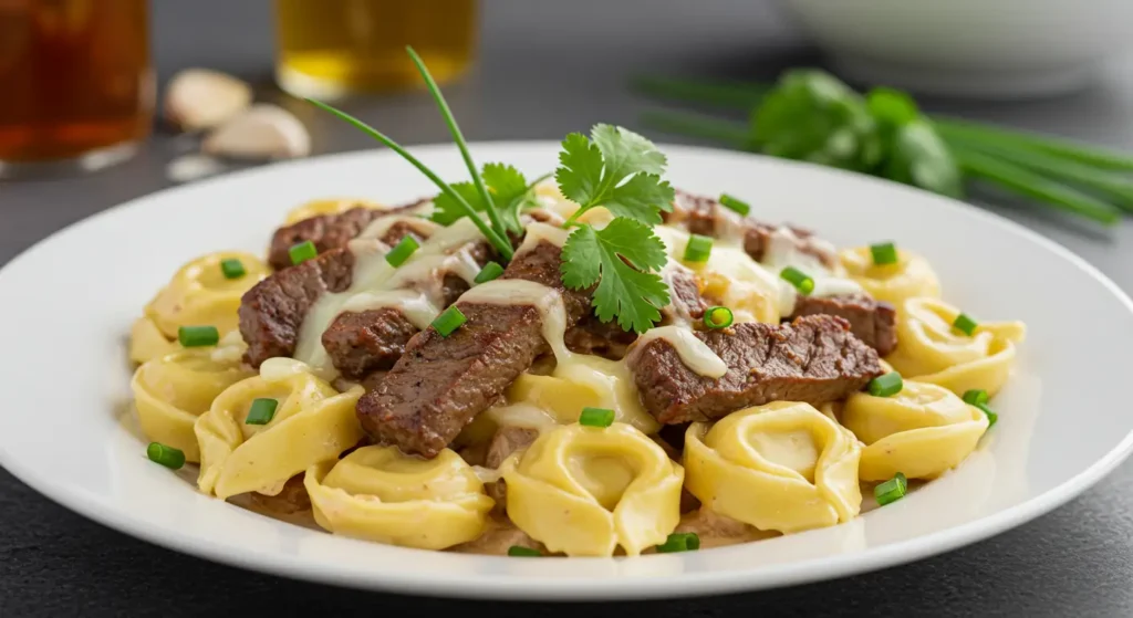 Showcase the finished dish with a close-up shot to highlight the texture of the pasta, steak, and creamy sauce.