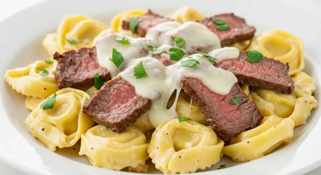 A delicious plate of Philly cheesesteak tortellini pasta, featuring creamy tortellini, tender steak, melted cheese, and fresh herbs.